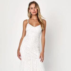 Lulus Alluring Interest White Sequin Embroidered Sleeveless Midi Dress - Size S